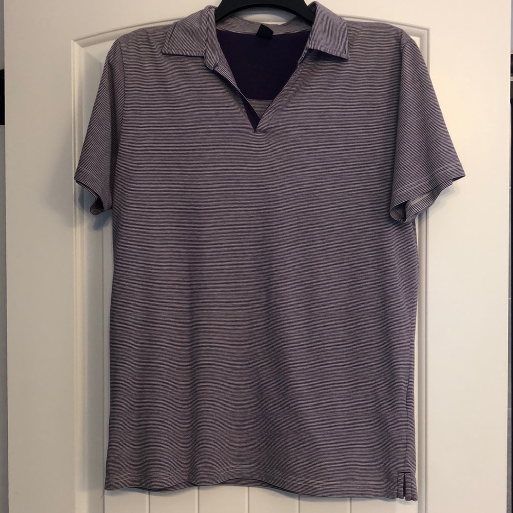Polo Shirt Women's Size Large Purple White‎ Striped Short Sleeve Split Hem